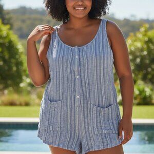 (E-125)Xhilaration Women’s Blue Striped Sleeveless Romper Size L Button Front Ca
